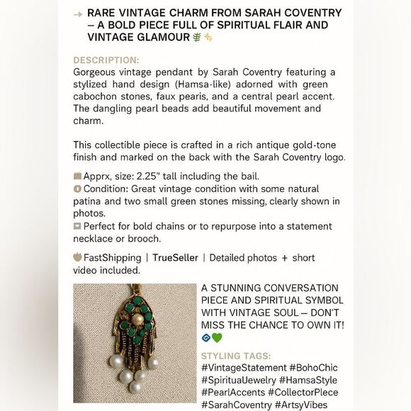 VINTAGE SARAH COVENTRY HAMSA PENDANT WITH PEARLS & GREEN STONES - Picture 3 of 17